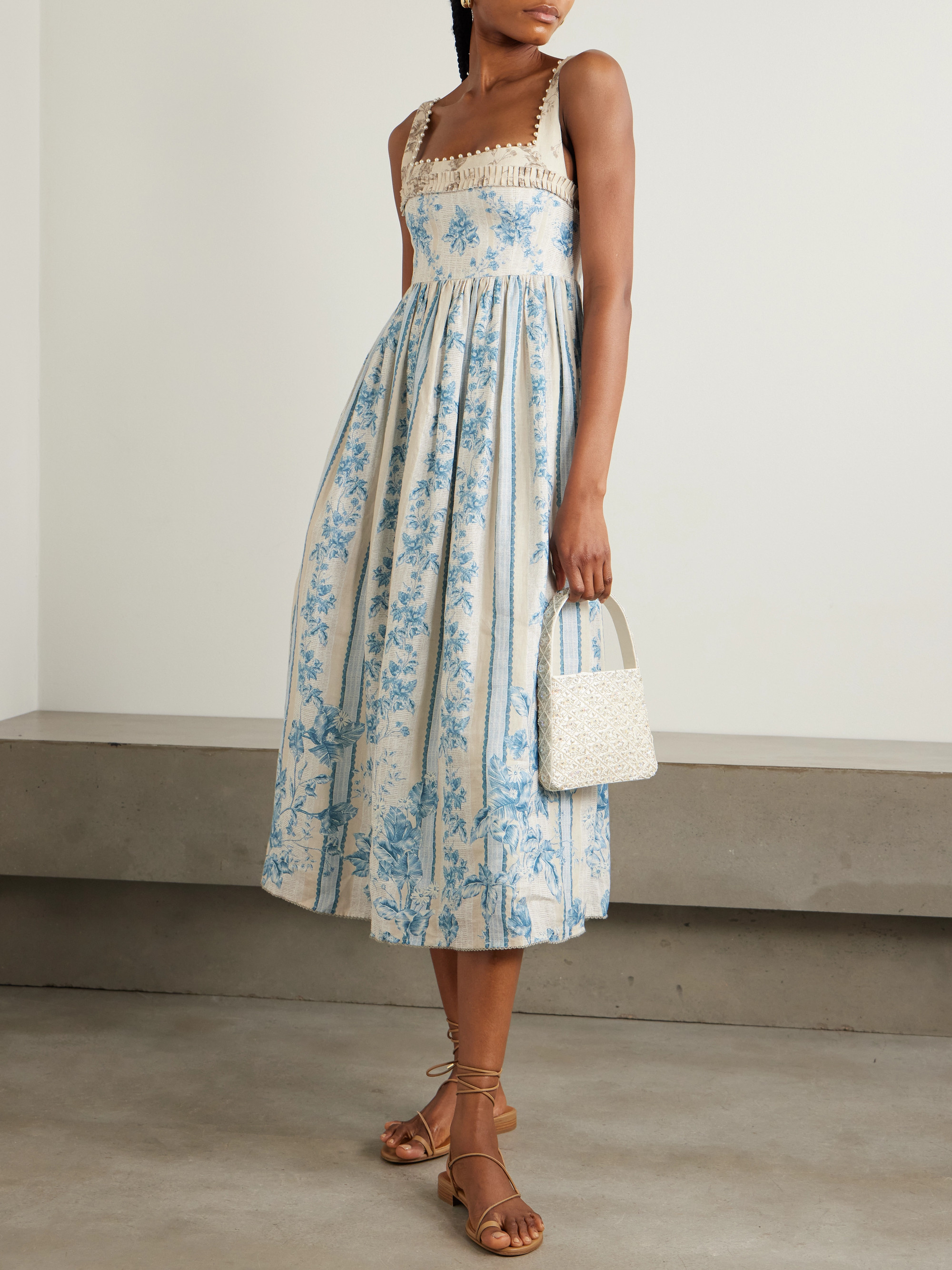 Agua by Agua Bendita - Barbara Bougainvillea embellished printed linen midi  dress | Plush