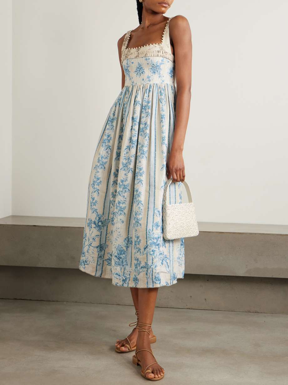 barbara bougainvillea embellished printed linen midi dress