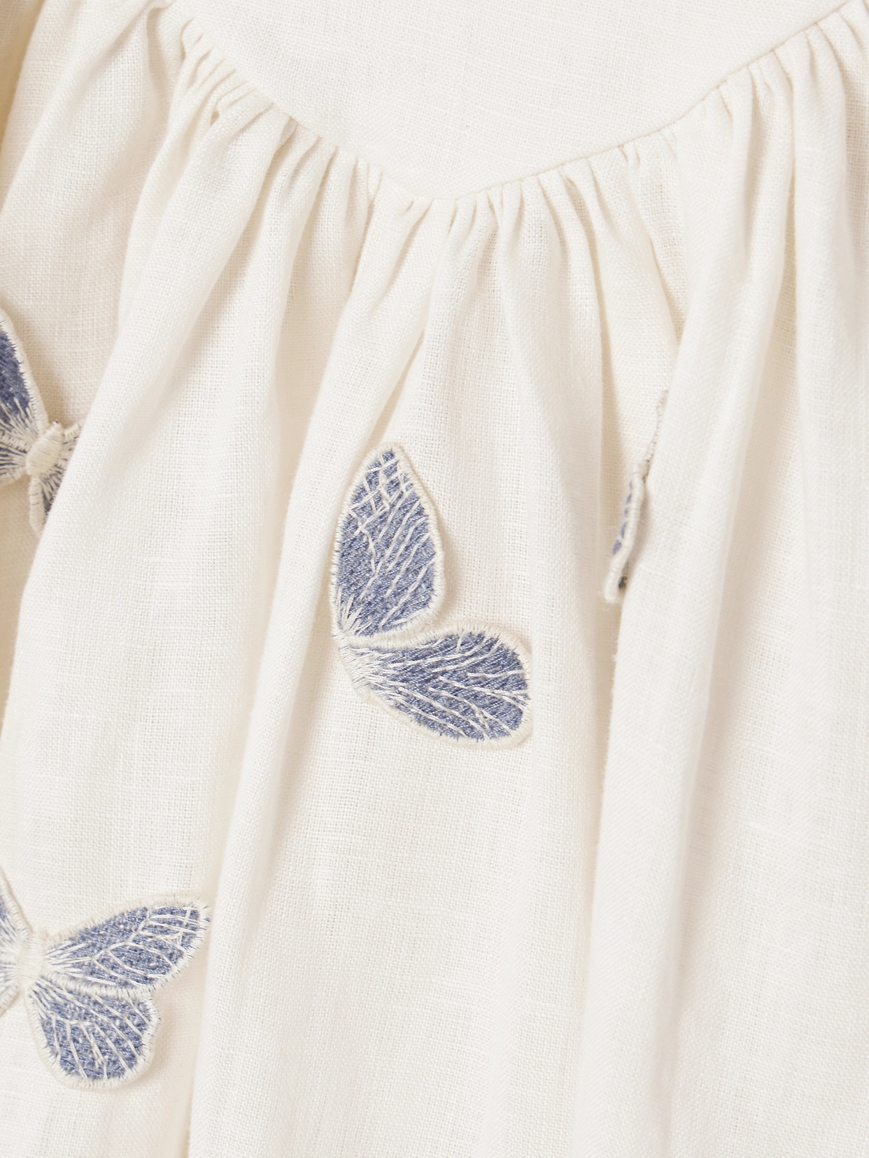 AGUA BY AGUA BENDITA PLUMA LYMANOPODA APPLIQUÉD GATHERED LINEN MINI DRESS