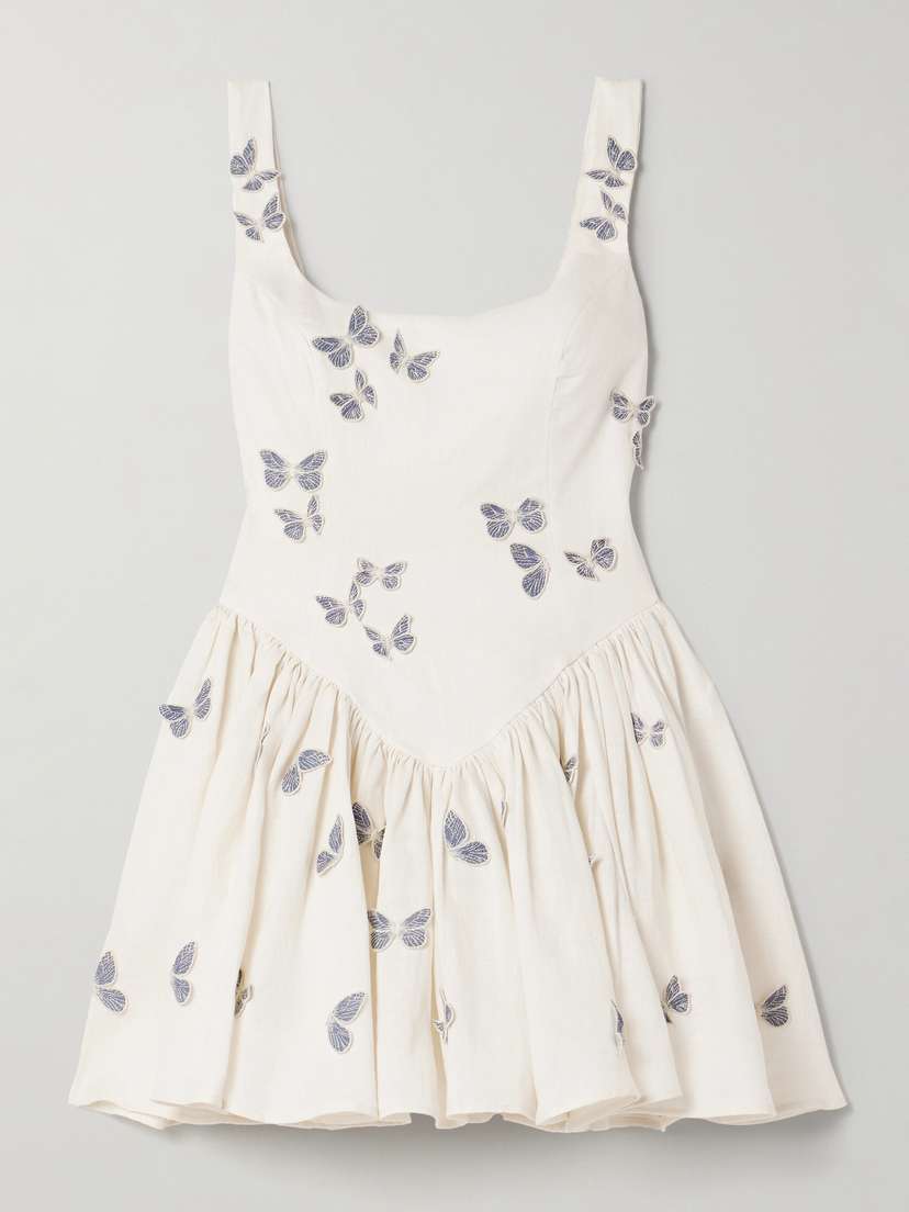 Agua by Agua Bendita Pluma Lymanopoda Appliquéd Gathered Linen Mini Dress