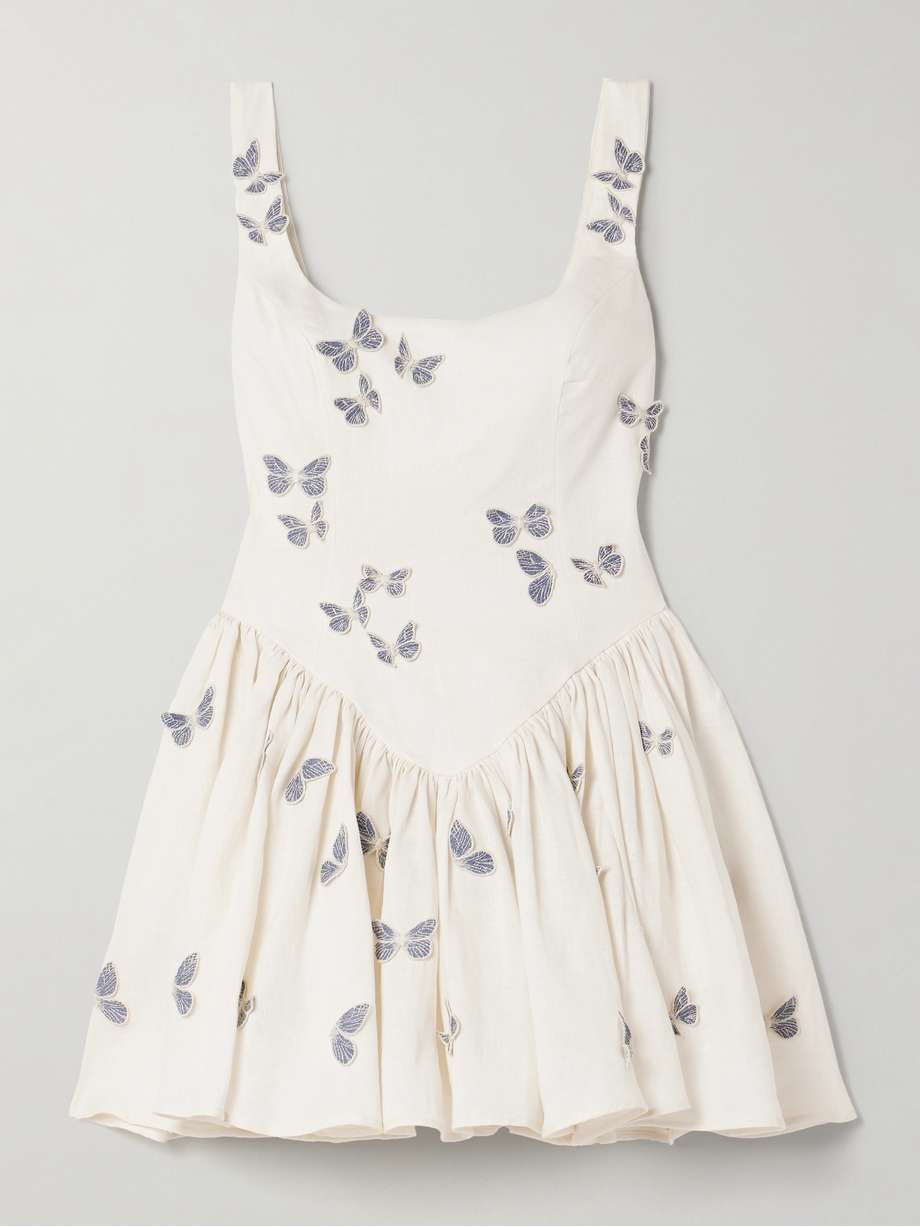 pluma lymanopoda appliquéd gathered linen mini dress