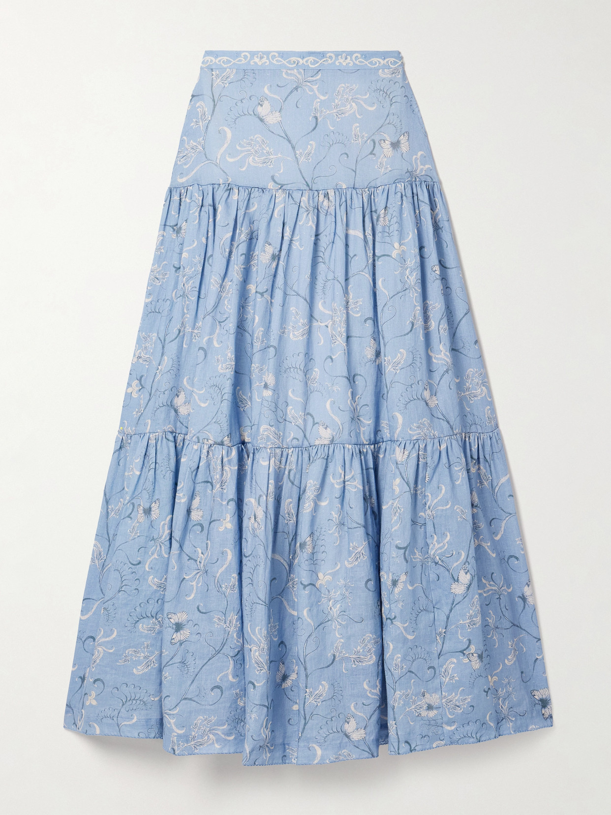 Shop Agua By Agua Bendita Anis Lymanopoda Tiered Printed Linen Maxi Skirt In Blue