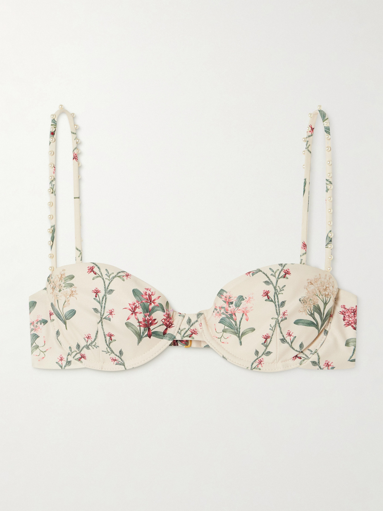AGUA BY AGUA BENDITA MAGDALENA ORQUIDEA FAUX PEARL-EMBELLISHED FLORAL-PRINT RECYCLED UNDERWIRED BIKINI TOP