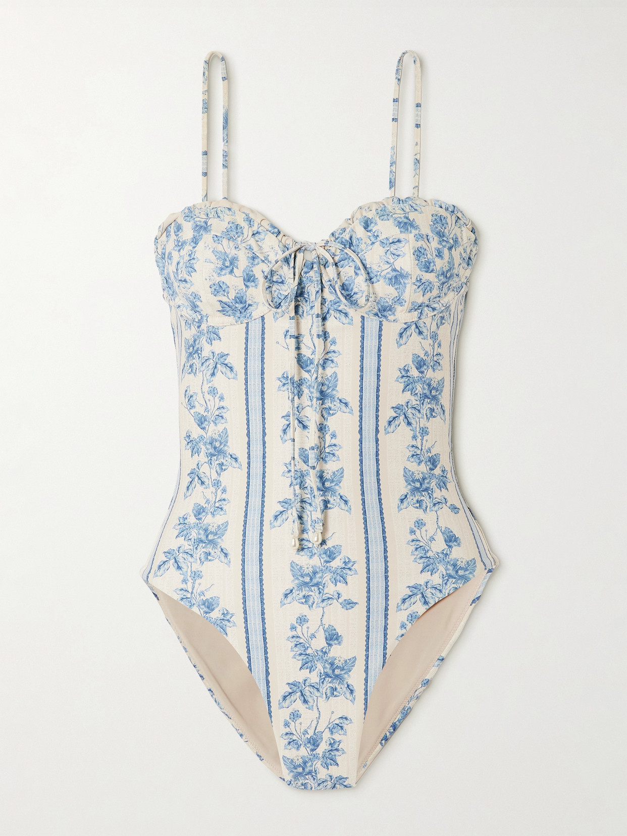 Agua By Agua Bendita Ébano Bougainvillea Faux Pearl-embellished Tie-detailed Floral-print Recycled Swimsuit In Blue