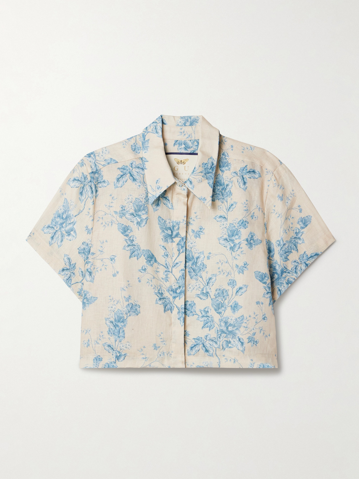 Shop Agua By Agua Bendita Virtuosa Bougainvillea Cropped Floral-print Linen Shirt In Blue