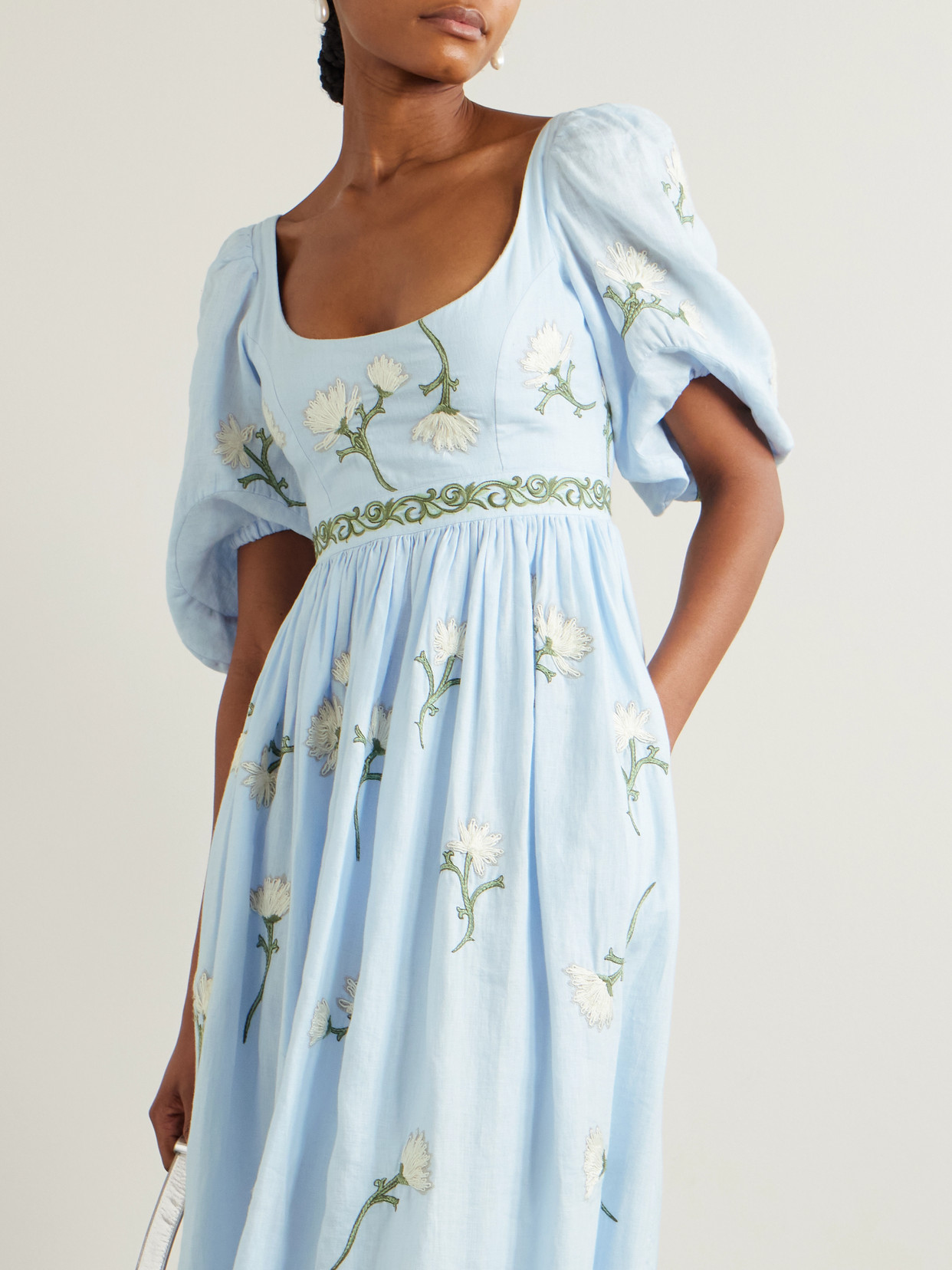 Agua By Agua Bendita Viviane Embroidered Linen Maxi Dress In Blue