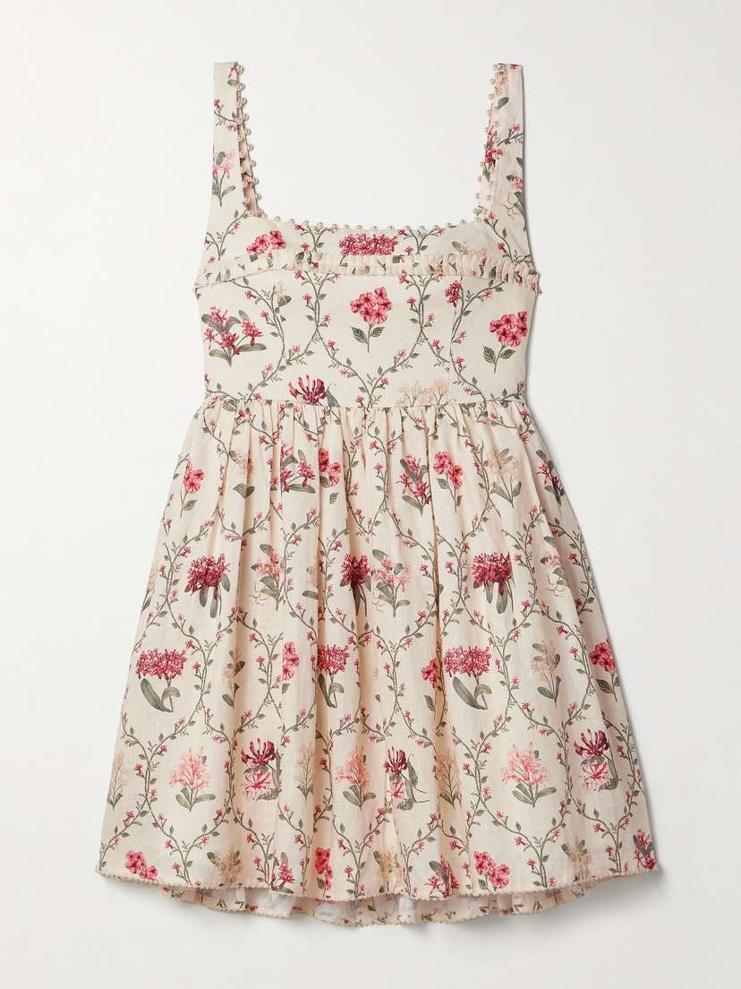 Agua by Agua Bendita Barbara Orquidea Embellished Floral-print Linen Mini Dress