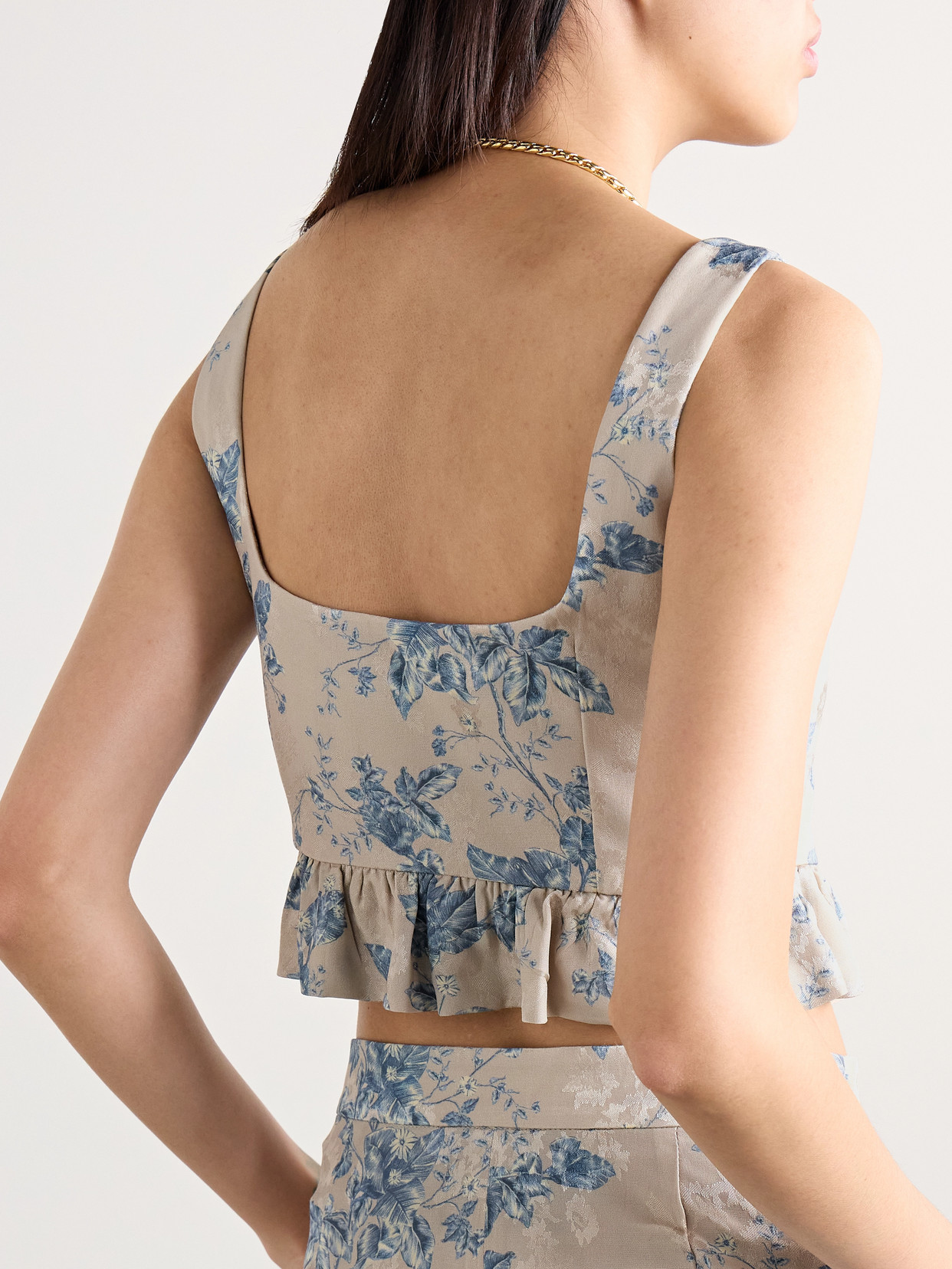 Agua By Agua Bendita Eslabon Bougainvillea Cropped Ruffled Floral-print Satin-jacquard Top In Blue
