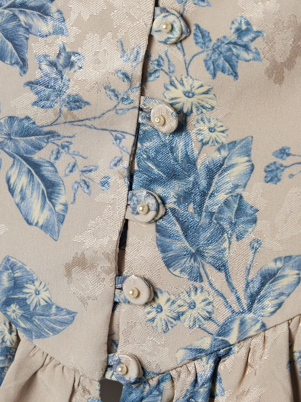 Agua By Agua Bendita Eslabon Bougainvillea Cropped Ruffled Floral-print Satin-jacquard Top In Blue