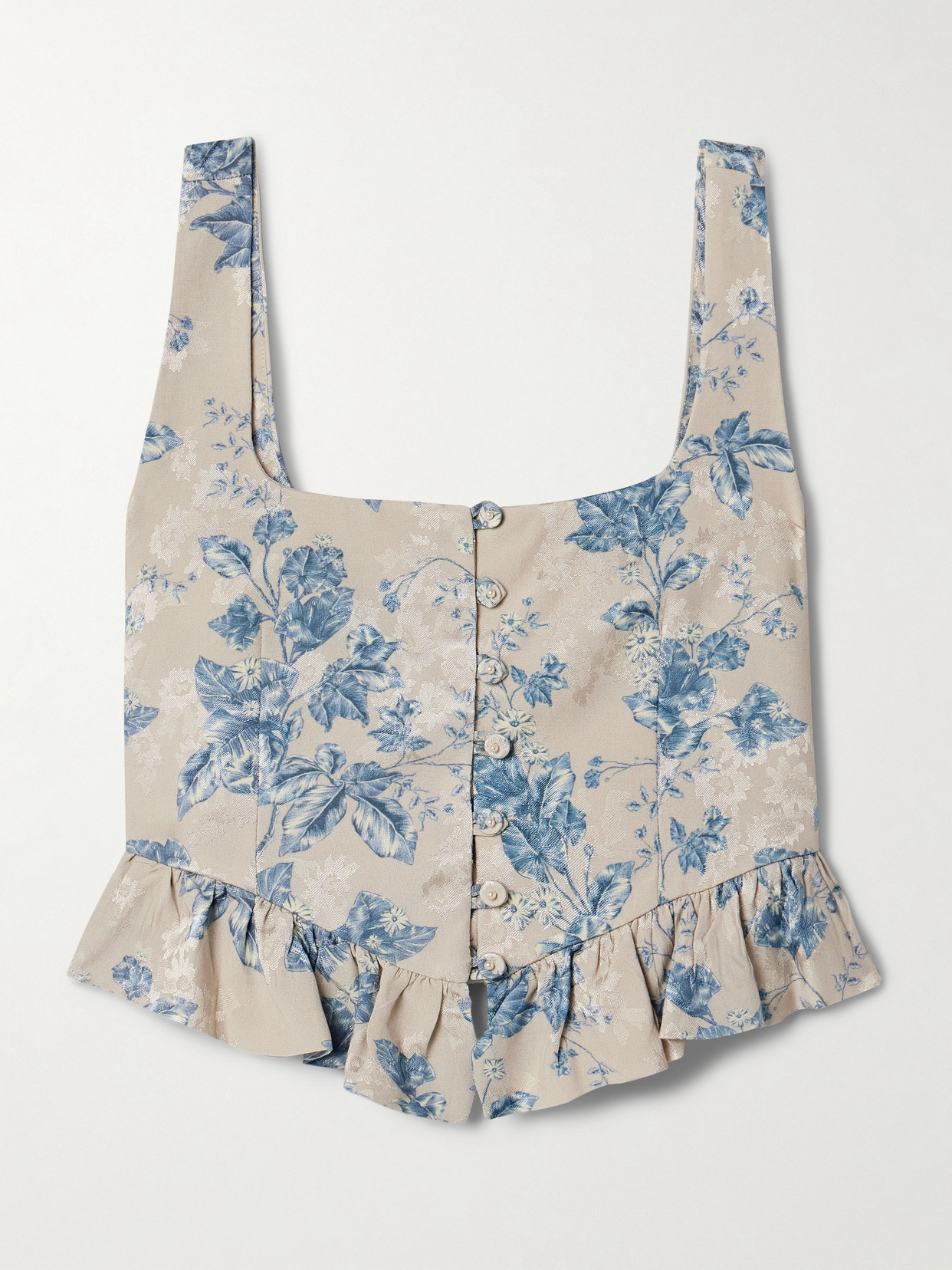Agua By Agua Bendita Eslabon Bougainvillea Cropped Ruffled Floral-print Satin-jacquard Top In Blue