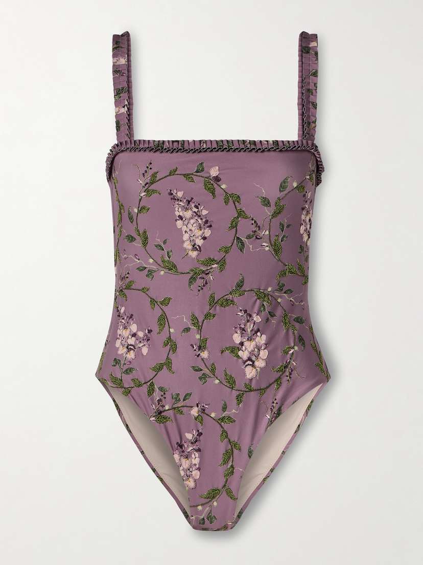 Agua by Agua Bendita Limón Wisteria Ruffled Embroidered Recycled Swimsuit