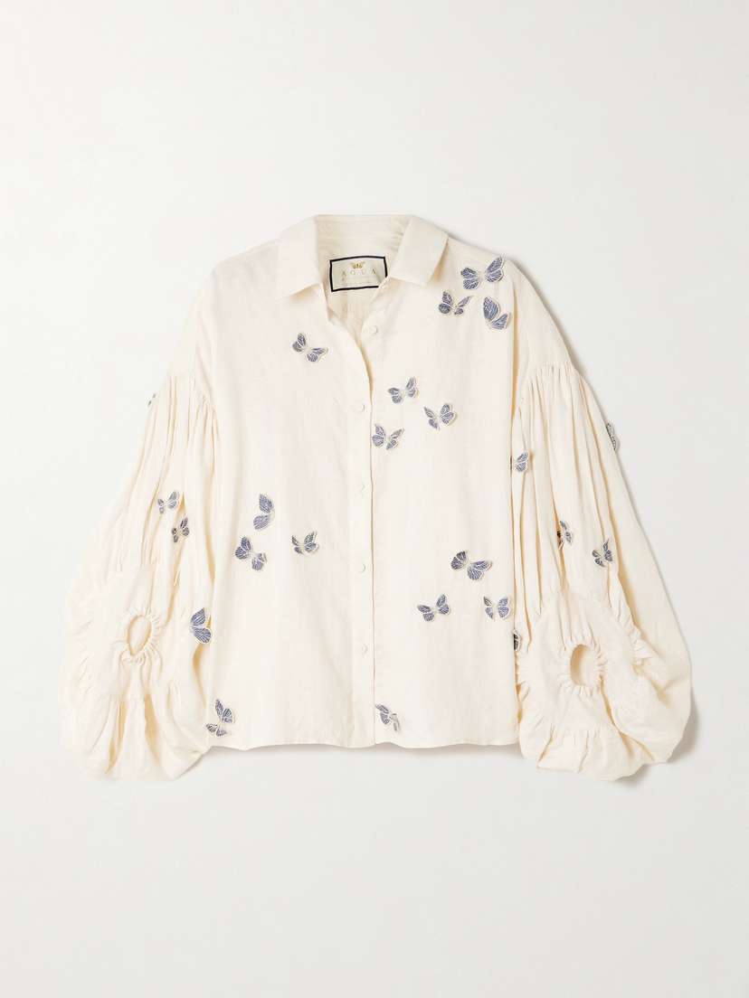 Agua by Agua Bendita Agar Caracola Appliquéd Gathered Linen Shirt