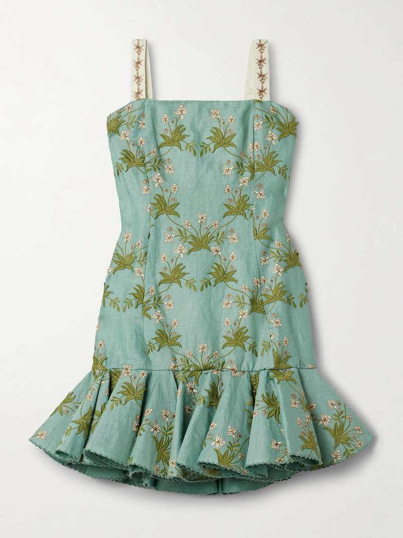 Agua by Agua Bendita Tumbao Orquidea Ruffled Appliquéd Embroidered Linen Mini Dress