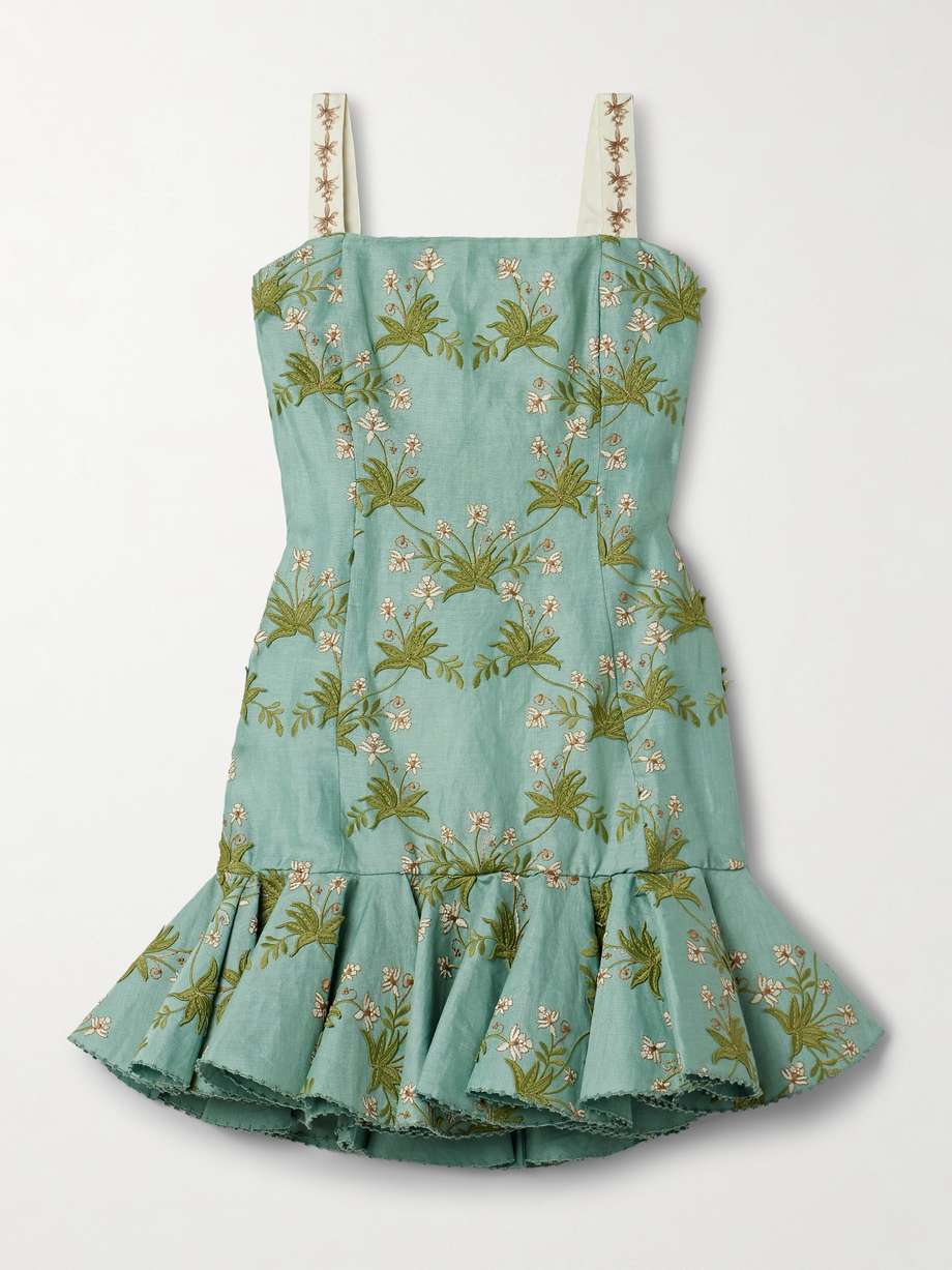 tumbao orquidea ruffled appliquéd embroidered linen mini dress