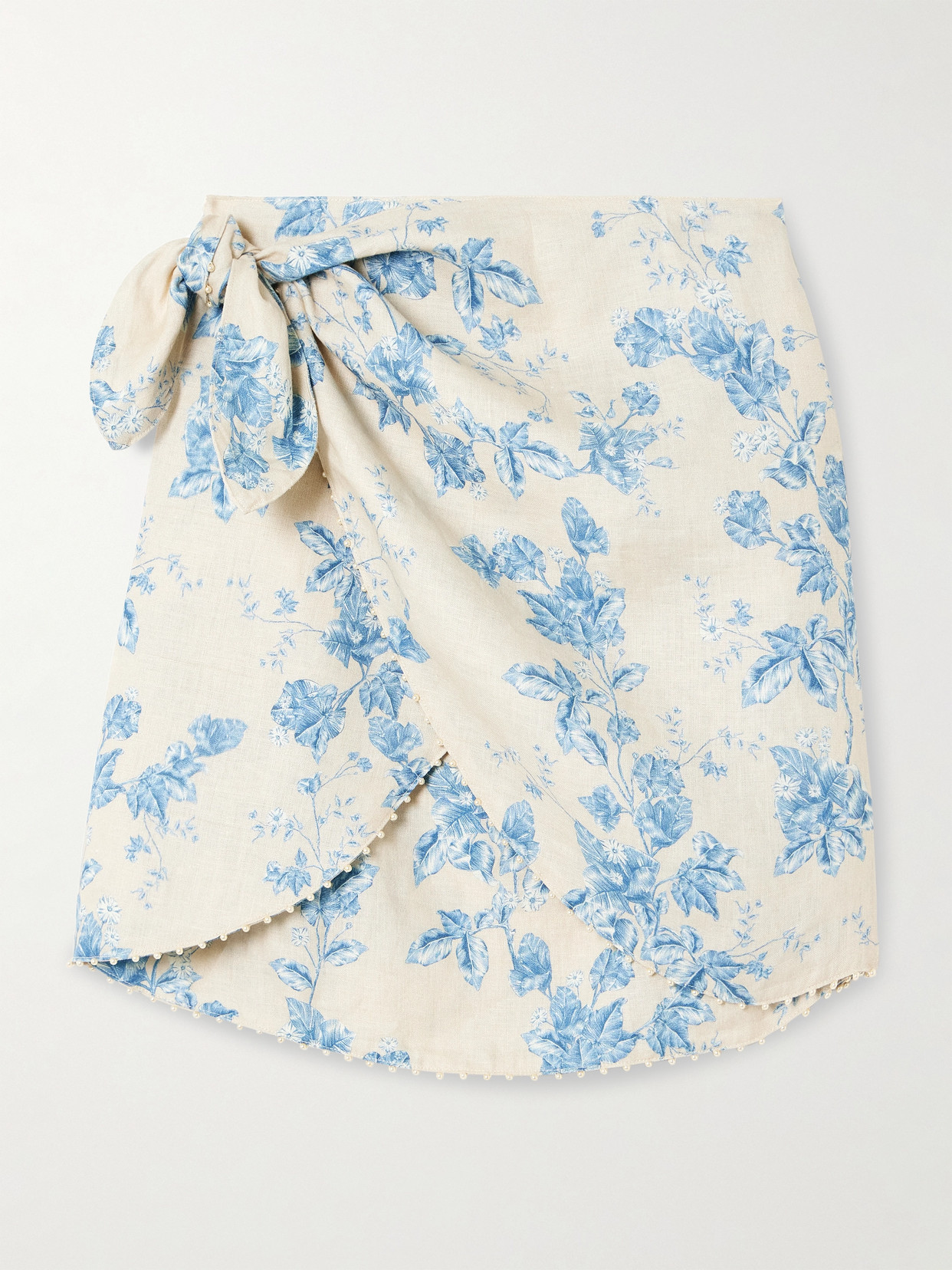 Agua By Agua Bendita Agustina Bougainvillea Faux Pearl-embellished Floral-print Linen Pareo In Blue