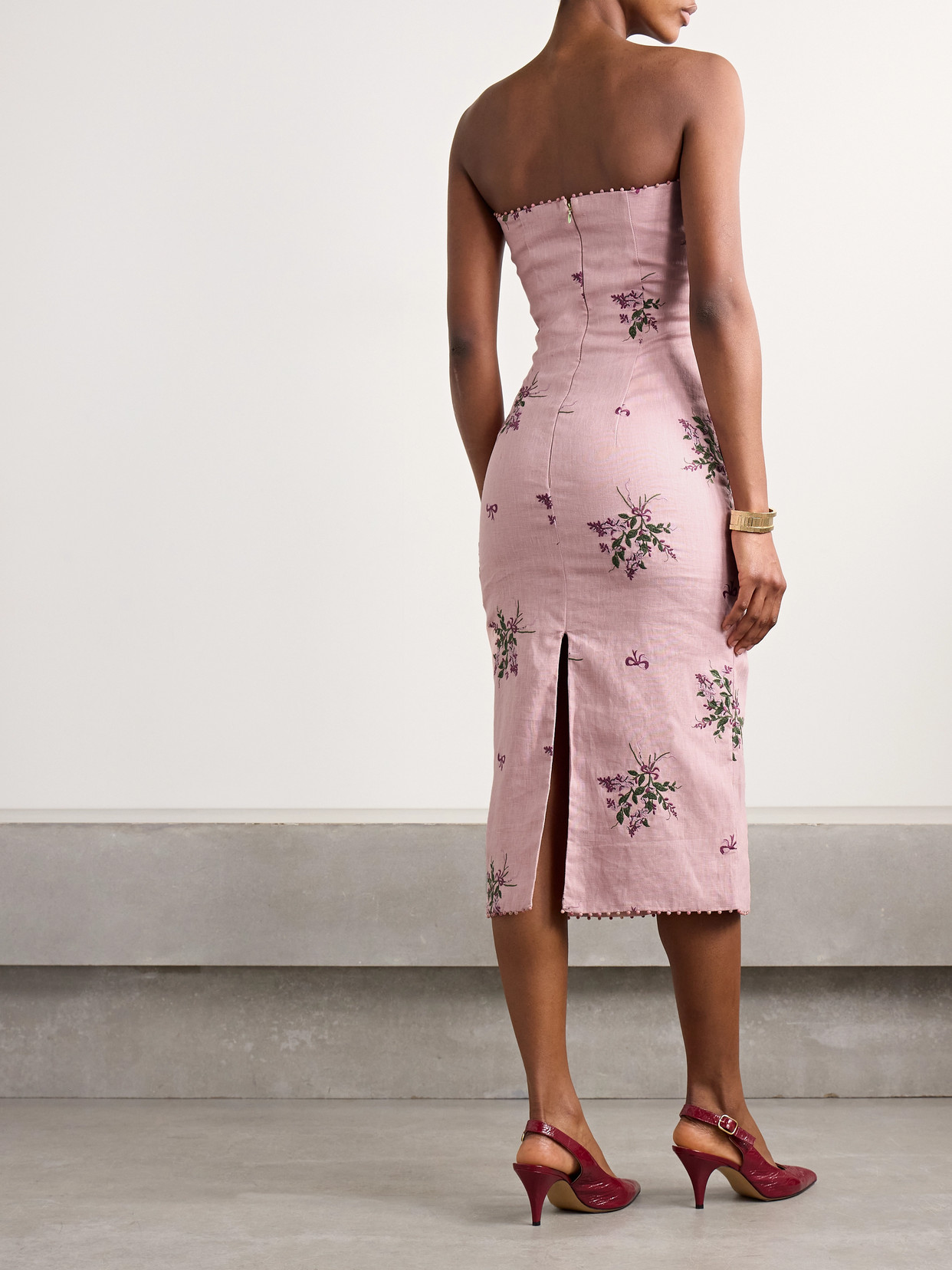 AGUA BY AGUA BENDITA ARMONÍA WISTERIA STRAPLESS BEAD-EMBELLISHED EMBROIDERED LINEN MIDI DRESS