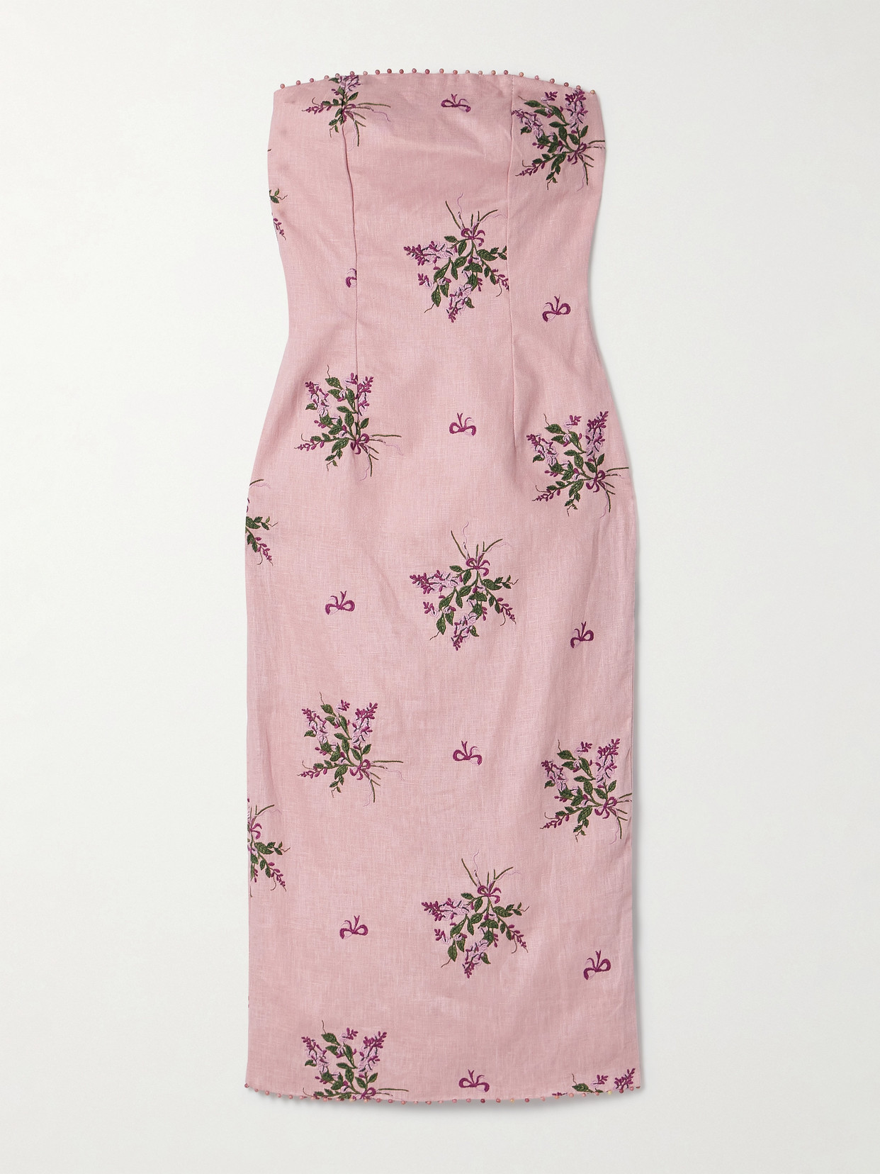 Shop Agua By Agua Bendita Armonía Wisteria Strapless Bead-embellished Embroidered Linen Midi Dress In Pink