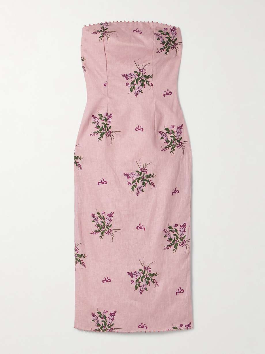 armonía wisteria strapless bead-embellished embroidered linen midi dress