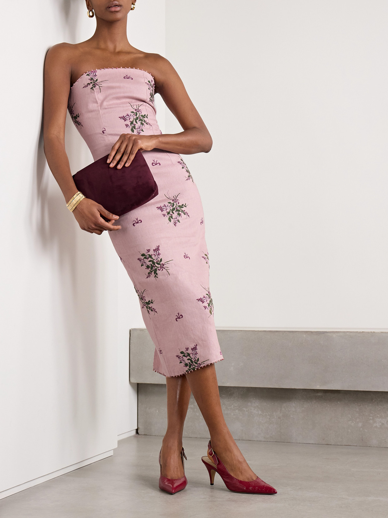 AGUA BY AGUA BENDITA ARMONÍA WISTERIA STRAPLESS BEAD-EMBELLISHED EMBROIDERED LINEN MIDI DRESS