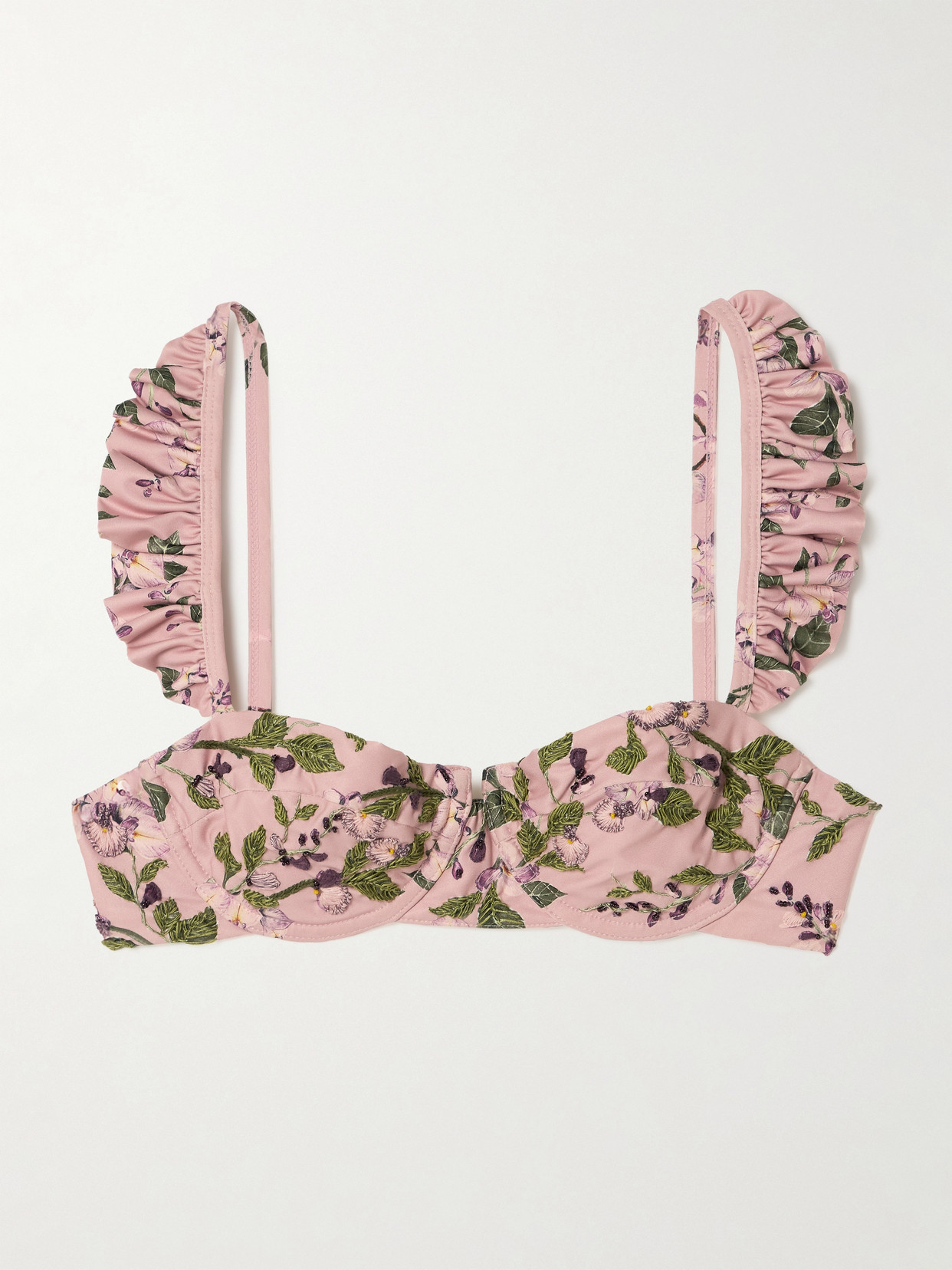 Agua By Agua Bendita Kiwi Wisteria Ruffled Embroidered Floral-print Underwired Recycled Bikini Top In Pink