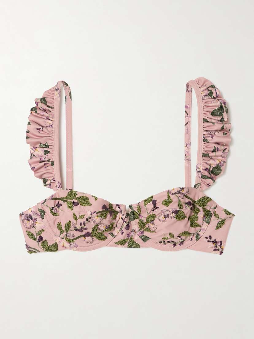 Agua by Agua Bendita Kiwi Wisteria Ruffled Embroidered Floral-print Underwired Recycled Bikini Top