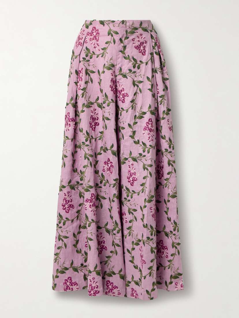 Agua by Agua Bendita Marea Wisteria Embroidered Linen Wide-leg Pants