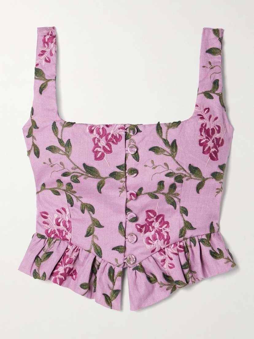 Agua by Agua Bendita Eslabón Wisteria Cropped Ruffled Embroidered Linen Top