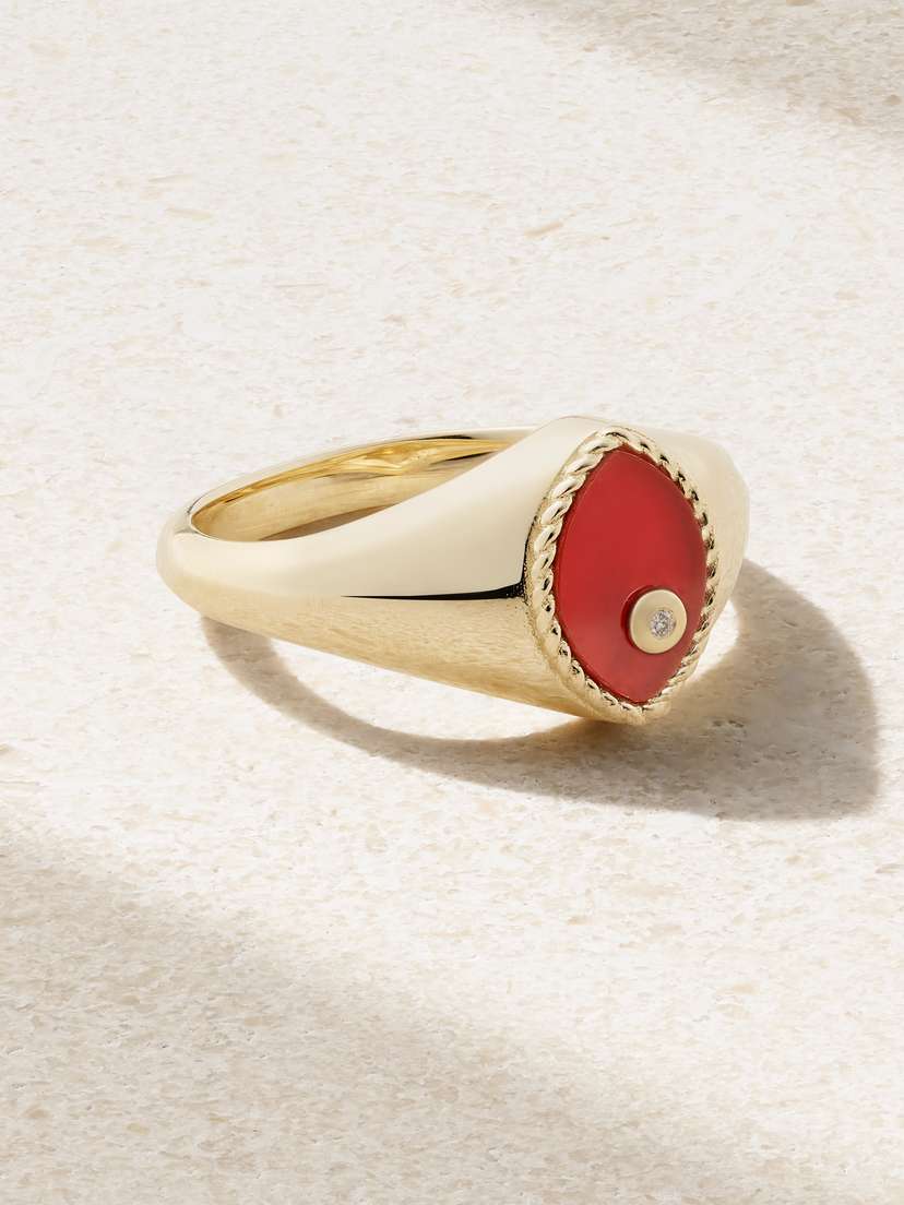 Yvonne Léon Baby Chevalière Marquise 9-karat Gold, Agate And Diamond Signet Ring