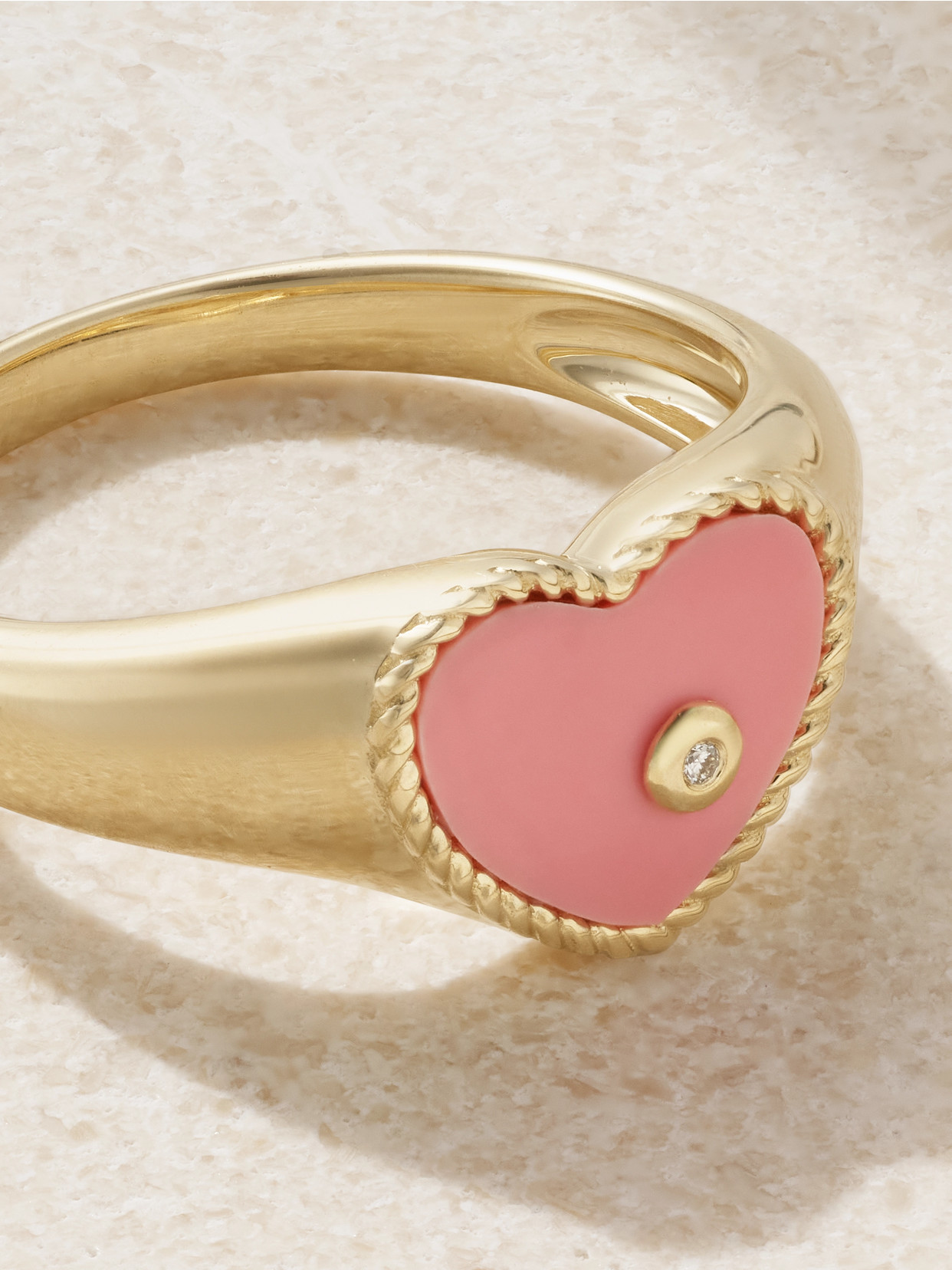 Yvonne Léon Baby Chevalière 9-karat Gold, Coral And Diamond Signet Ring In Pink