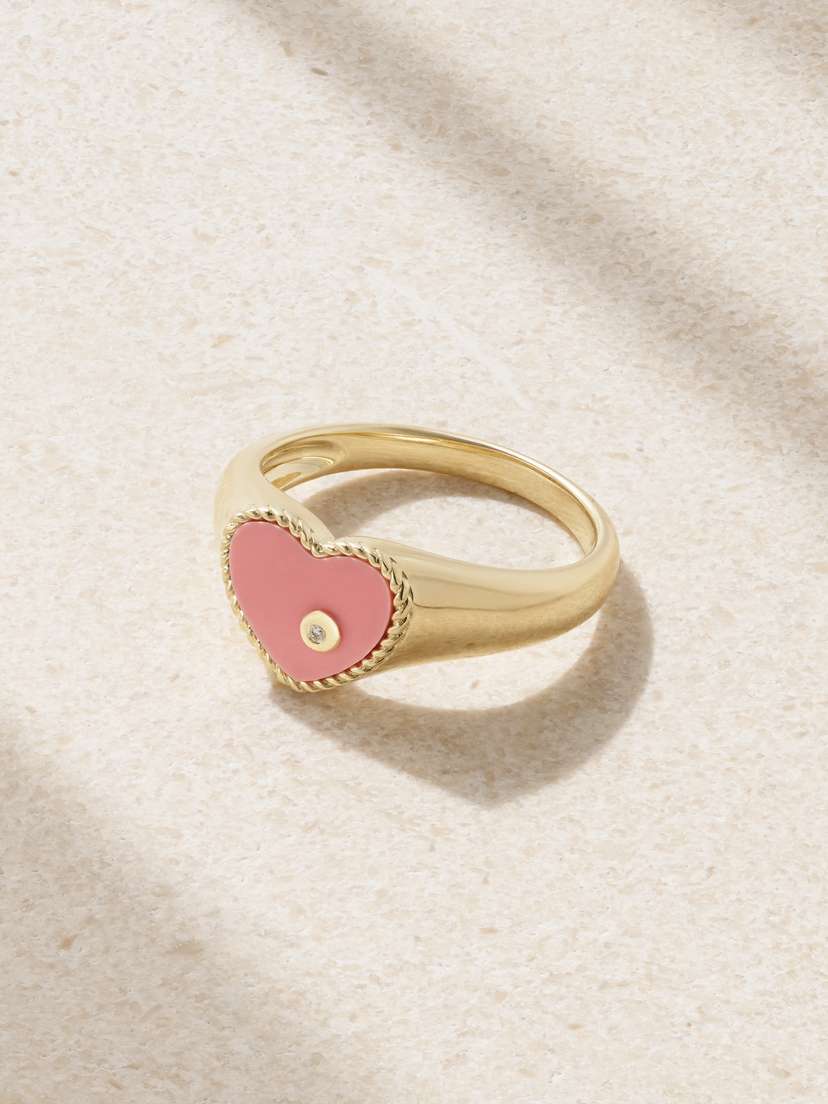 Yvonne Léon Baby Chevalière 9-karat Gold, Coral And Diamond Signet Ring