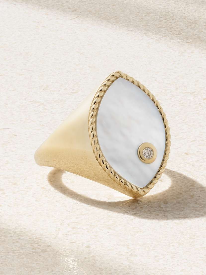 Yvonne Léon Chevalière Marquise 9-karat Gold, Mother-of-pearl And Diamond Signet Ring