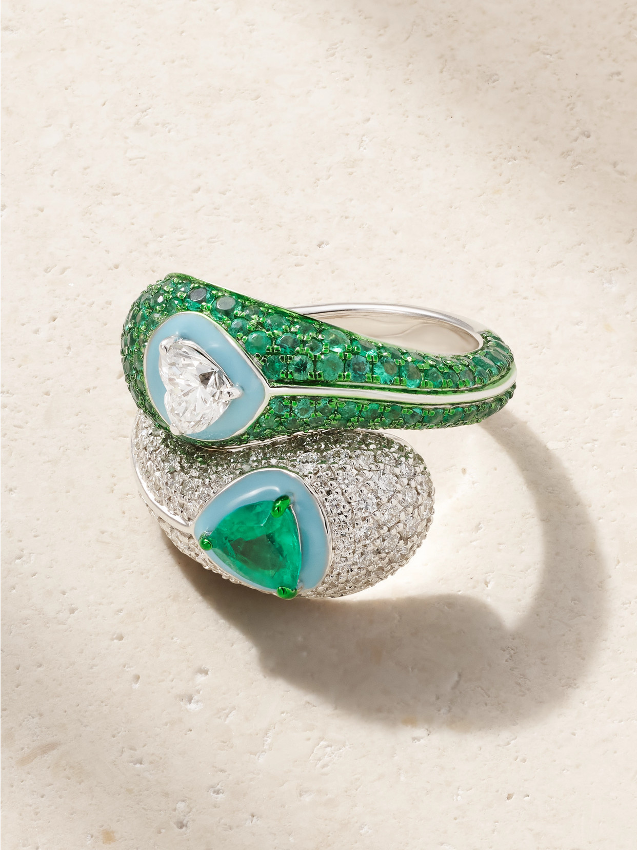 Kamyen - Yin Yang 18-karat White Gold Emerald, Diamond And Enamel Ring - Green