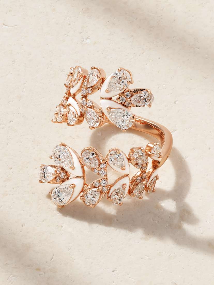 Kamyen Flora 18-karat Rose Gold, Diamond And Enamel Ring