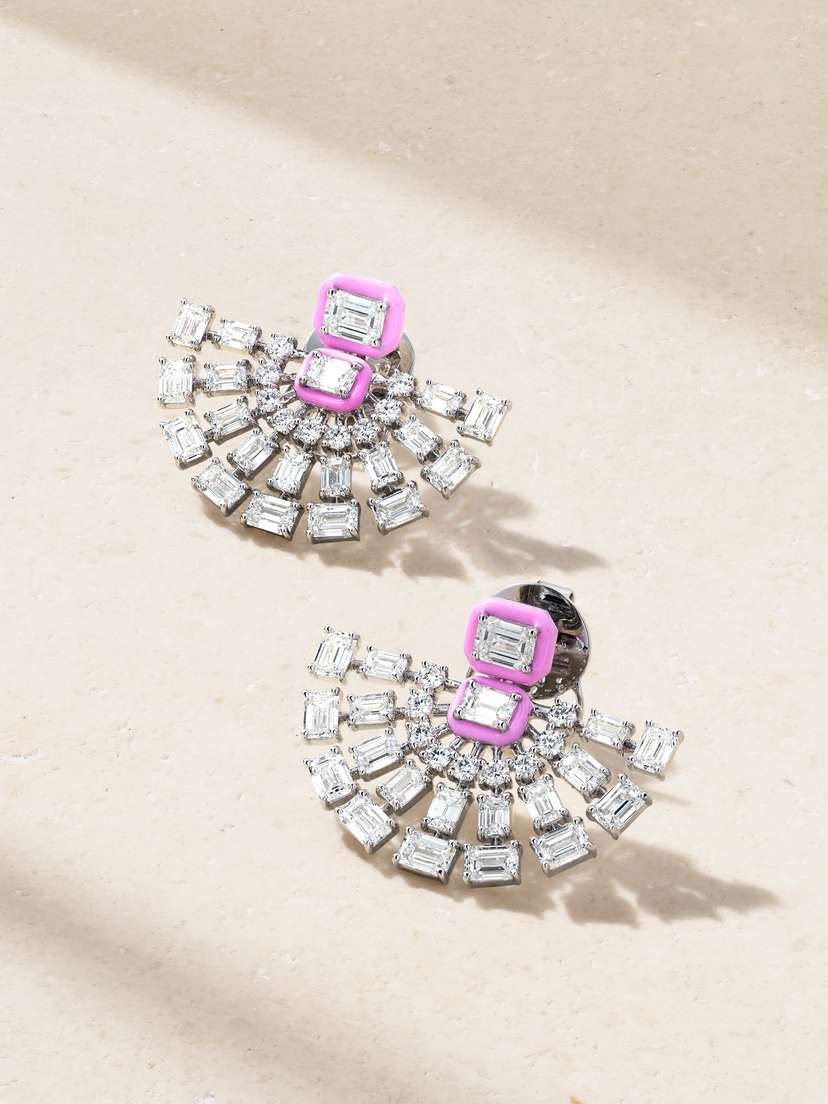 Kamyen Fan 18-karat White Gold, Diamond And Enamel Earrings