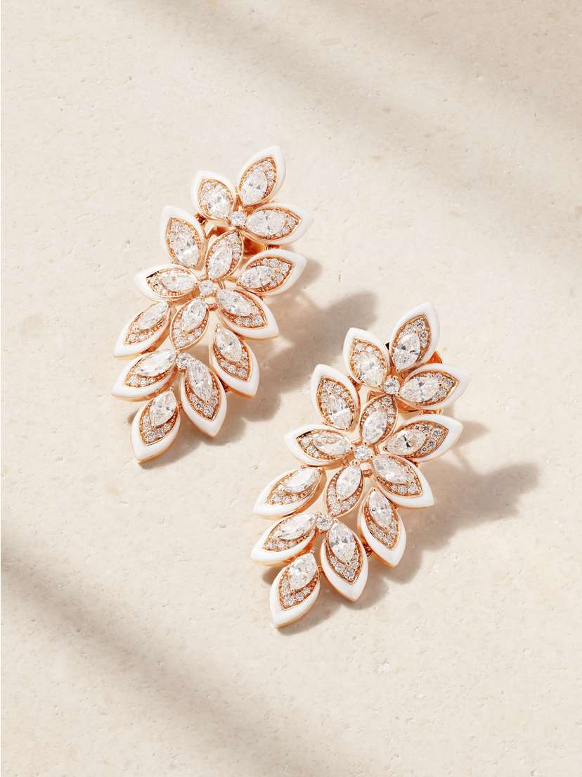 Kamyen Lotus 18-karat Rose Gold, Enamel And Diamond Earrings