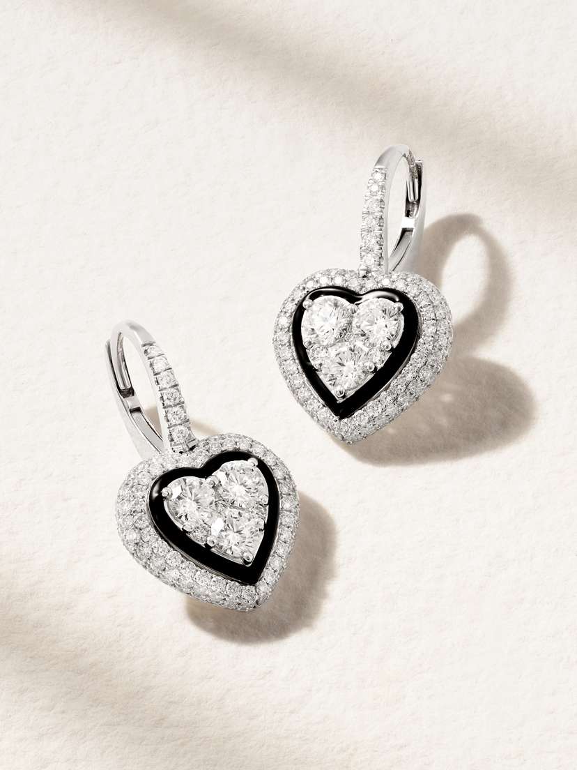 Kamyen Heart 18-karat White Gold, Diamond And Enamel Hoop Earrings