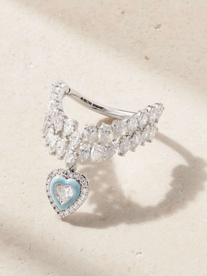 Kamyen Heart Of The Ocean 18-karat White Gold, Diamond And Enamel Ring