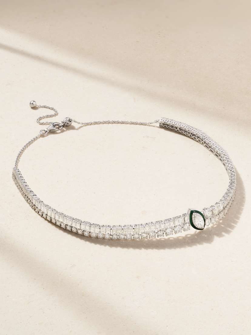 Kamyen 18-karat White Gold, Diamond And Enamel Necklace