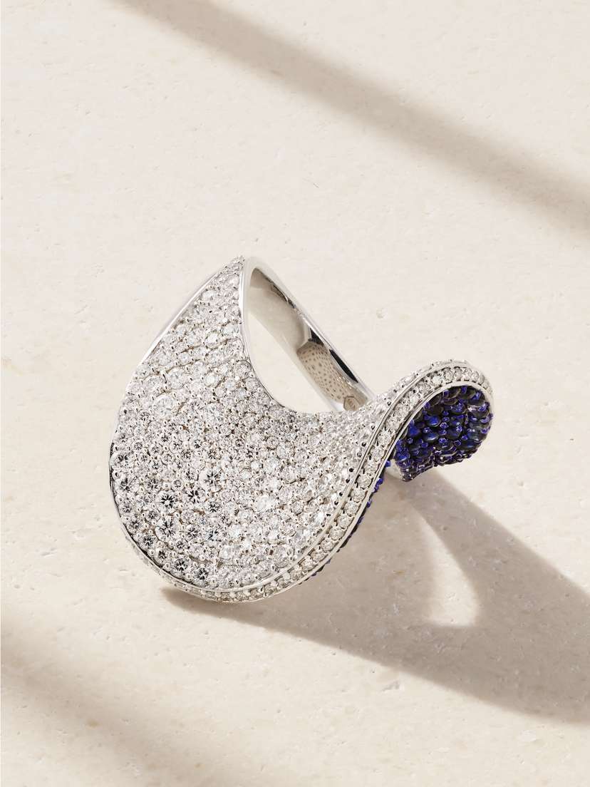 Kamyen Wave 18-karat White And Blackened Gold, Diamond And Sapphire Ring