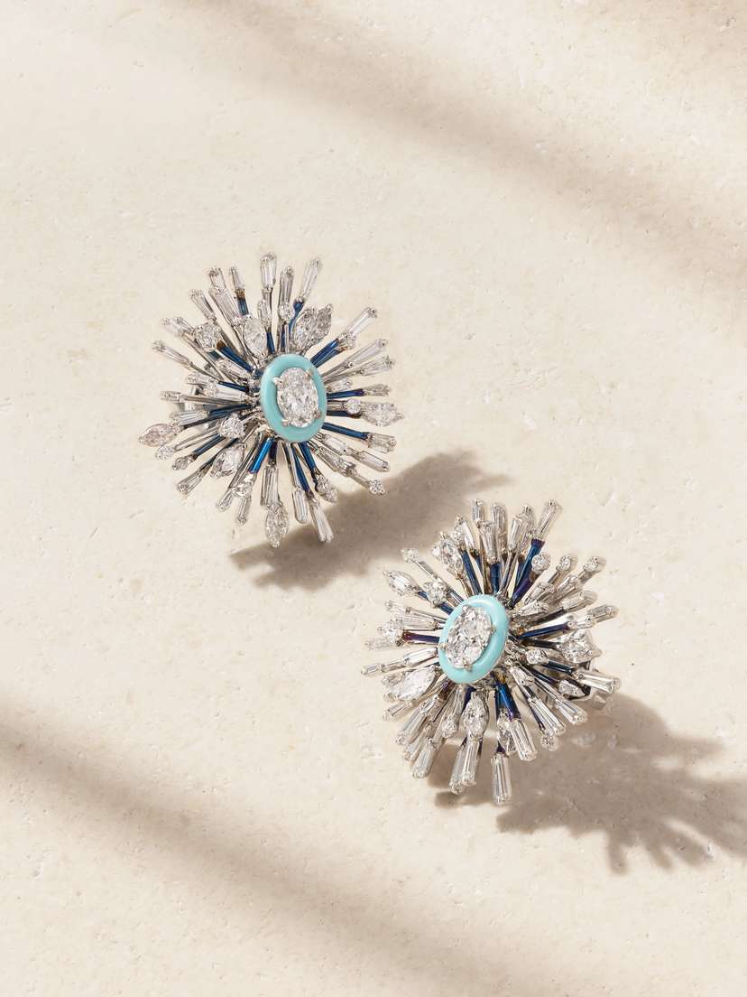 Kamyen 18-karat White Gold, Diamond And Enamel Earring