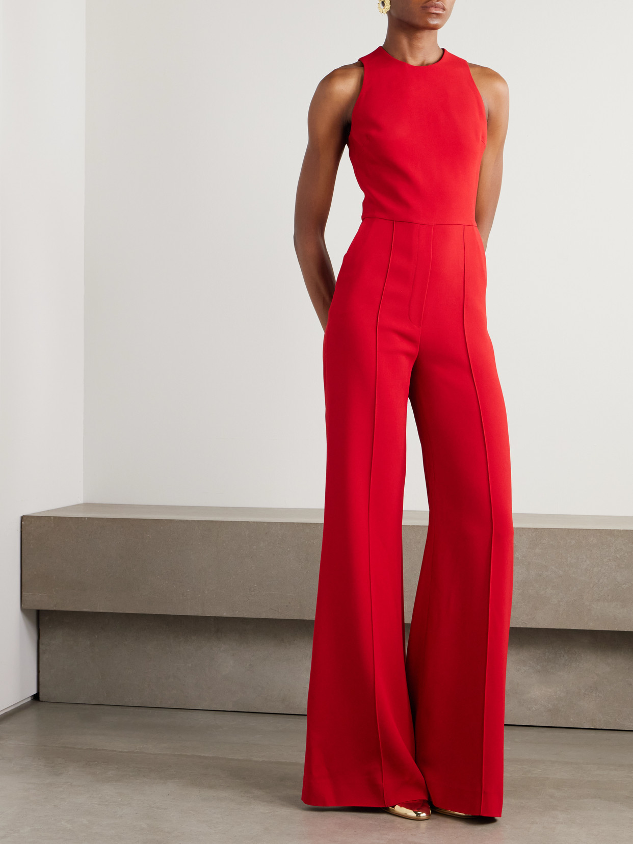 Elie Saab Appliquéd Cape-effect Cady Jumpsuit In Red