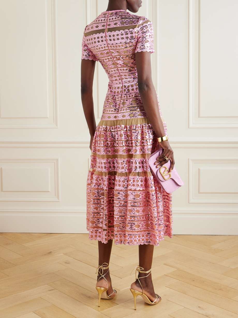 tiered embroidered sequined tulle midi dress