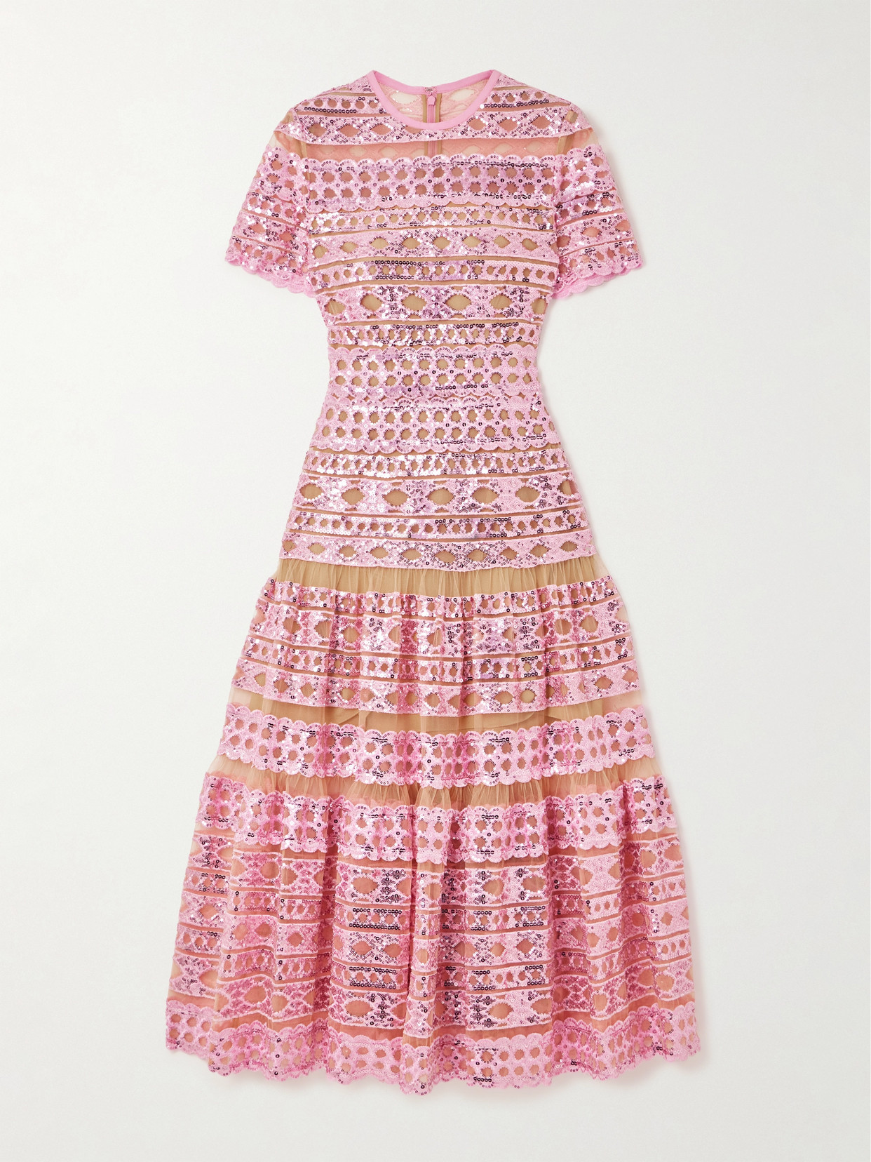 Elie Saab Tiered Embroidered Sequined Tulle Midi Dress In Pink
