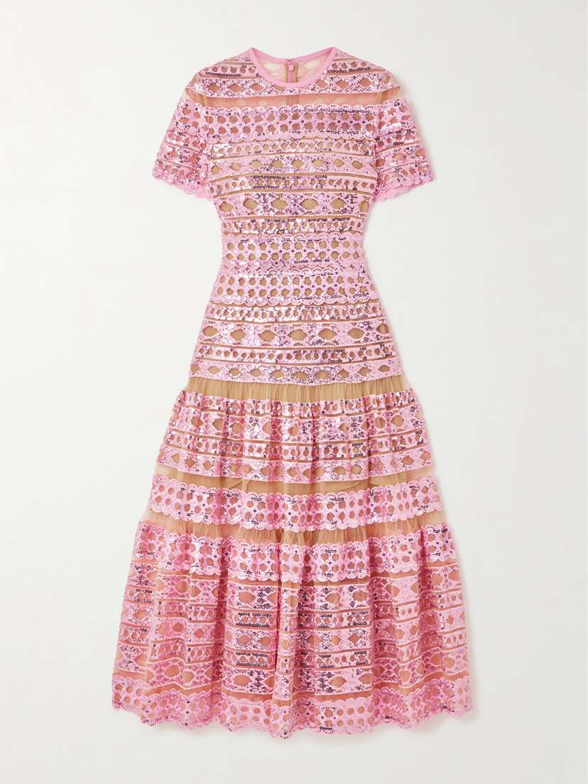 Elie Saab Tiered Embroidered Sequined Tulle Midi Dress