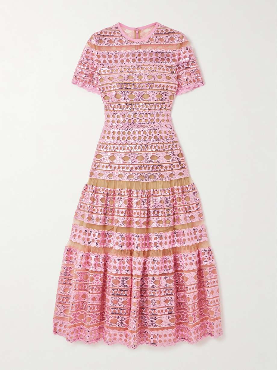 tiered embroidered sequined tulle midi dress