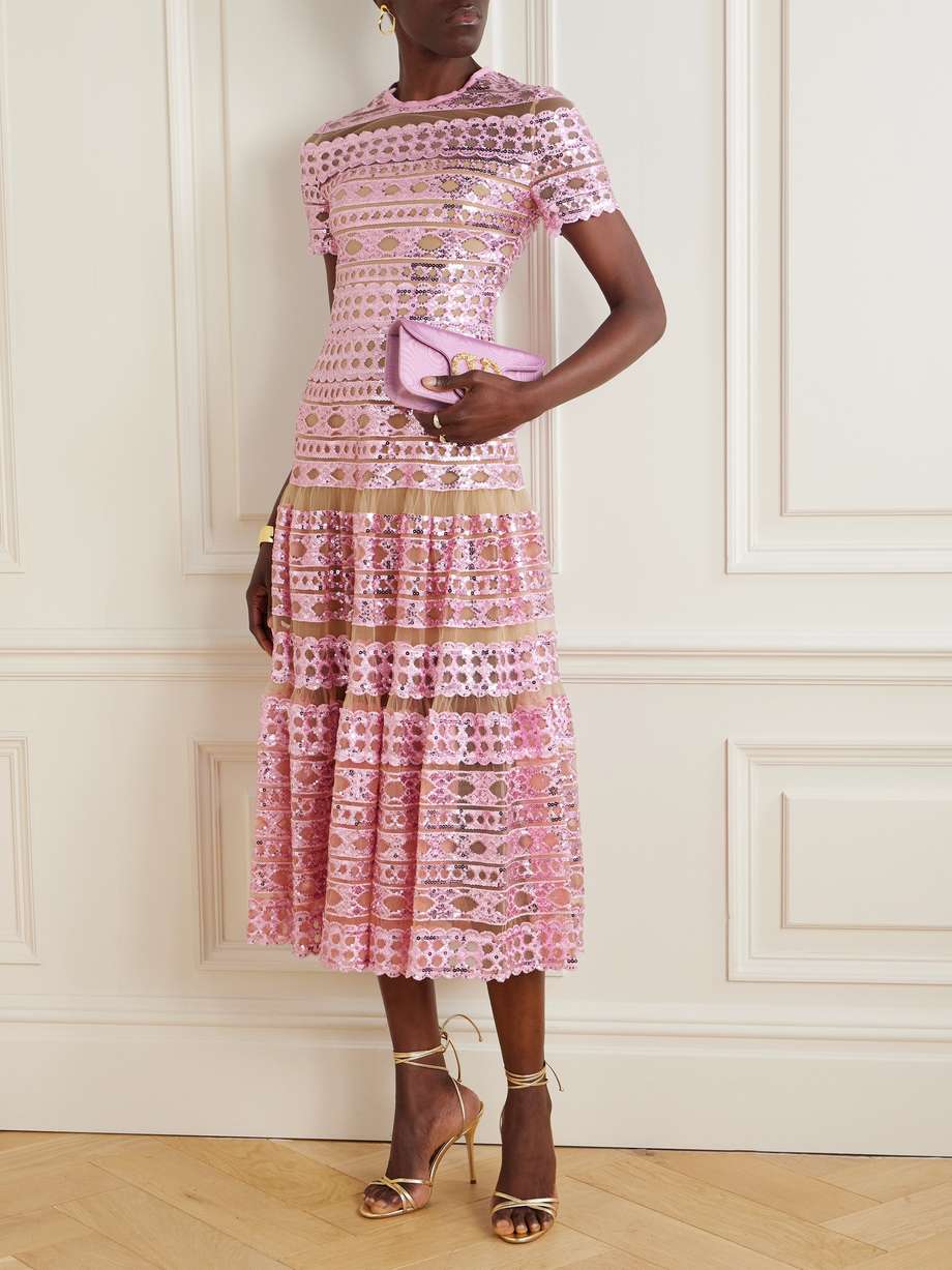 tiered embroidered sequined tulle midi dress