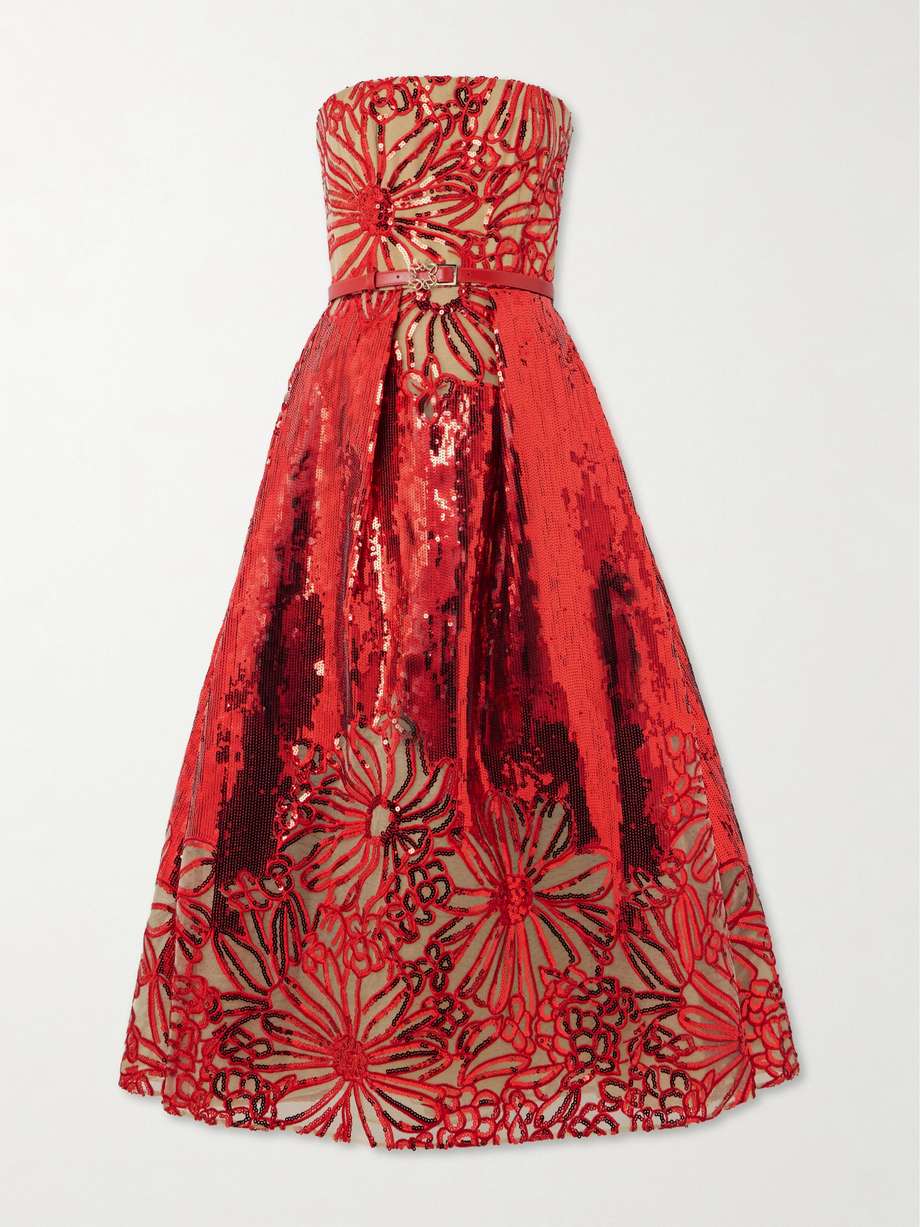 belted strapless pleated embroidered sequined tulle midi dress