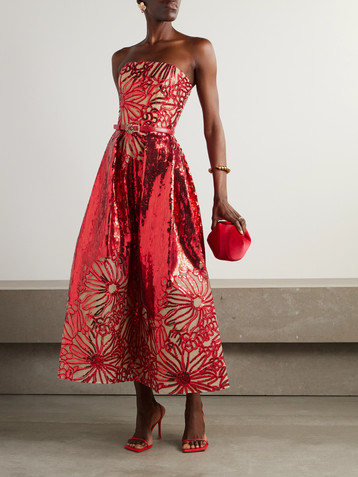Elie Saab Belted strapless pleated embroidered sequined tulle midi dress