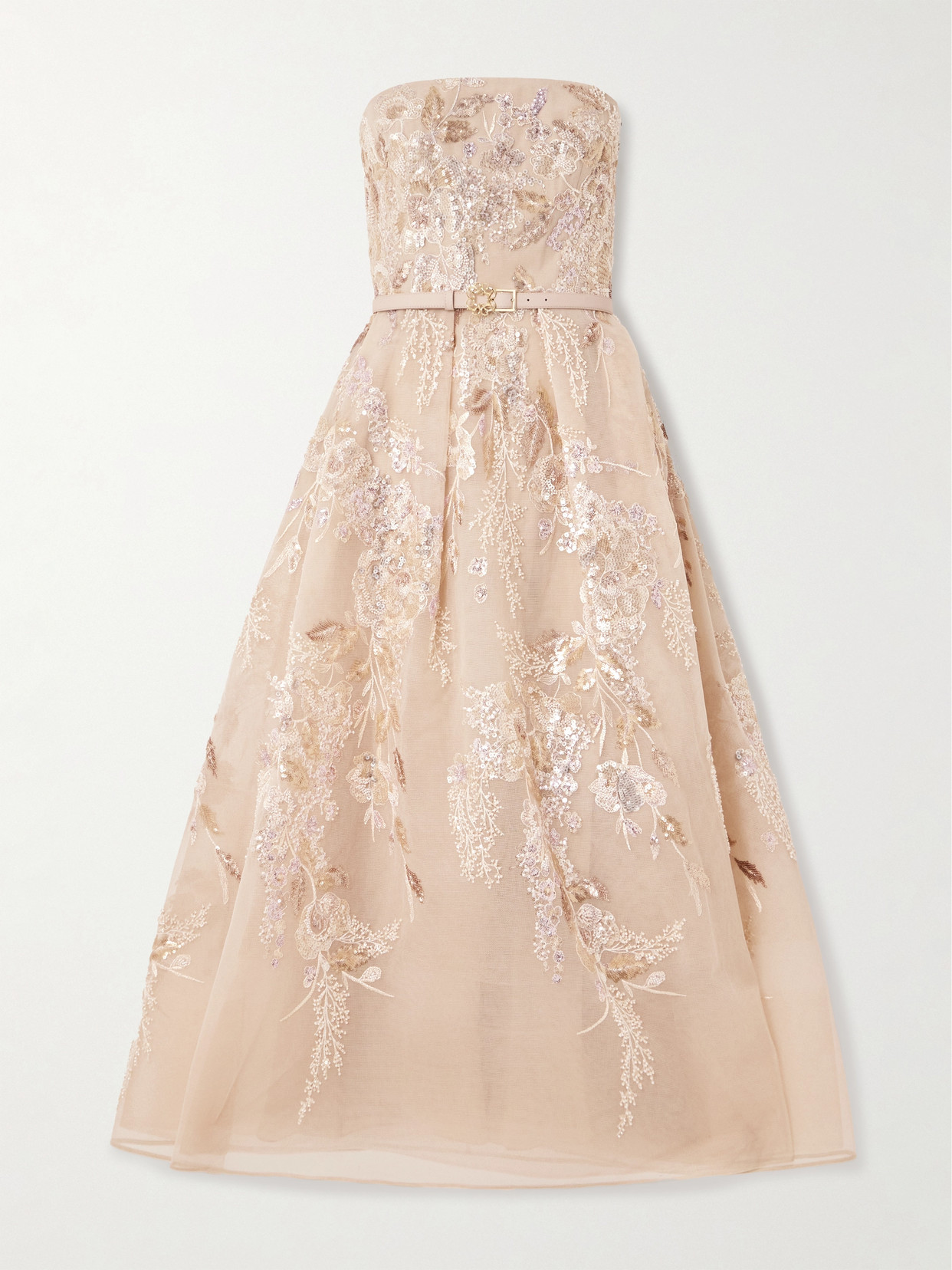 Elie Saab Belted Strapless Pleated Embellished Tulle Midi Dress In Pink