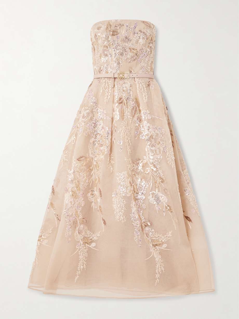 belted strapless pleated embellished tulle midi dress